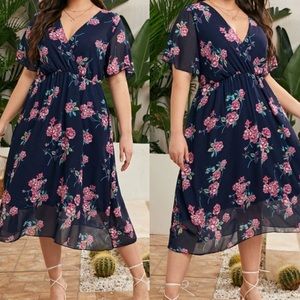 Plus floral print A line dress navy
